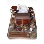 Four pieces of cloisonne, copper lustre, relief jug, tea caddy, snuff boxes and cribbage board.