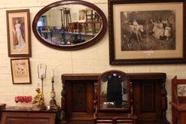 Victorian mahogany two drawer toilet mirror, oval wall mirror and three prints (5).