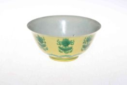 Chinese yellow and green glazed patterned bowl, blue mark to base, 17.5cm diameter.