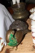 Indian brass jardiniere, copper and brass incense box, and peacock (3).