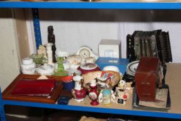 Squeeze box, postcards, cigarette cards, costume jewellery, Coalport, Swarovski, figurines, etc.