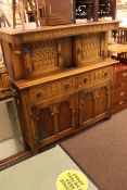 Old Charm carved oak court cupboard, 133cm by 127cm by 48cm.