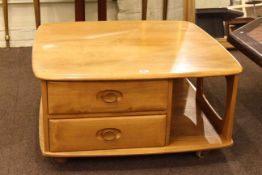 Ercol Windsor two drawer low centre table, 40cm by 80cm by 80cm.