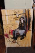 Unframed oil on canvas depicting a seated girl, 76.5cm by 50cm.