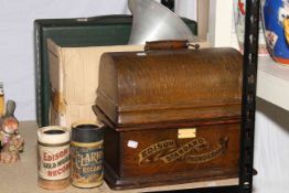 Edison standard phonograph, horn, HMV portable windup turntable gramophone, fifteen cylinders.