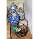 Collection of Chinese pottery including brush pot, lidded jars, vases, etc.