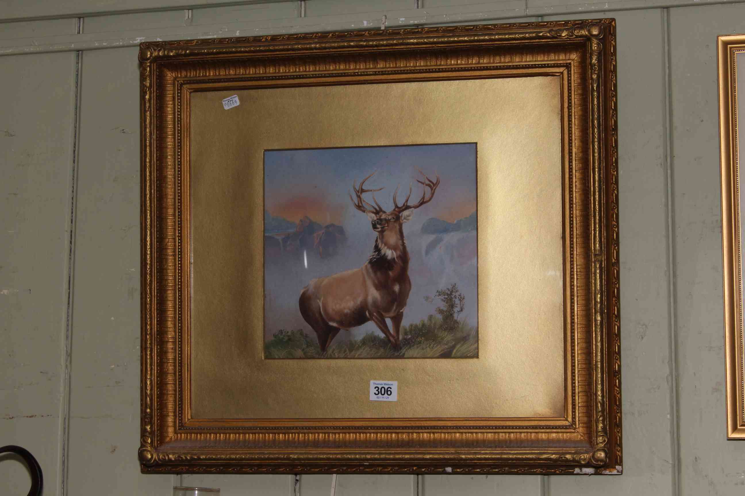 Stag in a Highland Landscape, oil on board, 24cm by 24cm, in gilt glazed frame.