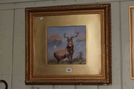 Stag in a Highland Landscape, oil on board, 24cm by 24cm, in gilt glazed frame.