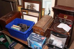 Mamod traction engine, Bakelite telephones, cased sewing machines, brass fender, gramophone,