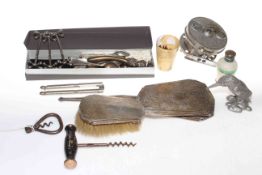Collectables including fishing reel, silver mirror and brush, horn beaker, corkscrews, etc.