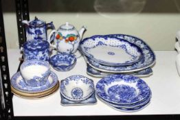 Victorian blue and white porcelain including meat plates, biscuit jar, etc.