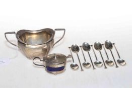 Silver sugar basin, coffee spoons and mustard pot.