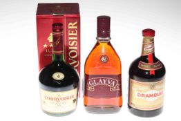 Three bottles of spirits including Glayva, Drambuie and Couvoisier Cognac.