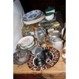 Piquot tea service, Royal Crown Derby Imari plate, collectors plates, large tin, etc.
