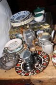 Piquot tea service, Royal Crown Derby Imari plate, collectors plates, large tin, etc.