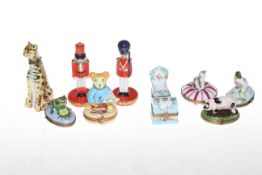 Collection of ten Limoges Dubarry small boxes including leopard, toy soldiers, frog, pig, etc.