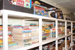 Large collection of children's annuals, games, toys, teddy bear, table, mantel clock, dog statue,