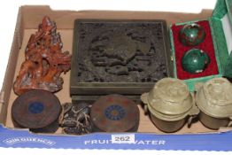 Collection of Oriental items comprising two hardstone urns with graduated cups, soapstone carving,