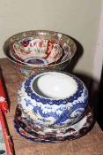 Cantonese and Imari bowls, two Chinese plates and blue and white bowl.