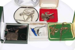 Norwegian silver and enamel Viking ship brooch, silver vesta and bookmark,