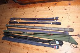 Collection of fishing rods including Hardy and two reels.