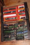 Two boxes of model railway steam locomotives, some with tenders.