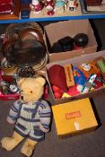 Three boxes of toys, games, cameras, binoculars, vintage teddy bears, stoneware jars, metalwares,