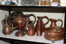 Victorian copper and brass wares including coal scuttle, jugs, kettle, paw footed coal bucket,