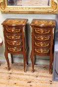 Pair Continental inlaid serpentine front four drawer pedestal chest, 81cm by 34cm by 28cm.
