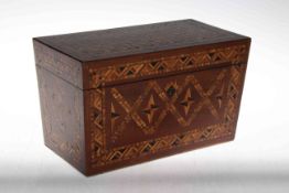 19th Century marquetry tea caddy with glass mixing bowl, 27cm by 16cm.