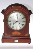 Edwardian inlaid mahogany arch top mantel clock with silvered dial, 37cm high.