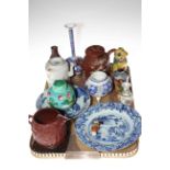 Collection of Chinese ceramics including blue and white plate, cloisonne spill vase, vases, teapots,