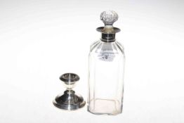 Silver mounted decanter, London 1800 and silver dwarf candlestick (2).