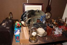 Oil lamp, cased cutlery, binoculars, mantel clocks, barometer, sewing machine, coal scuttle,