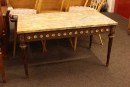 Rectangular marble topped coffee table with floral porcelain roundel decorated frieze,