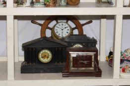 Ships wheel clock, two slate inlaid mantel clocks and a square wooden clock.