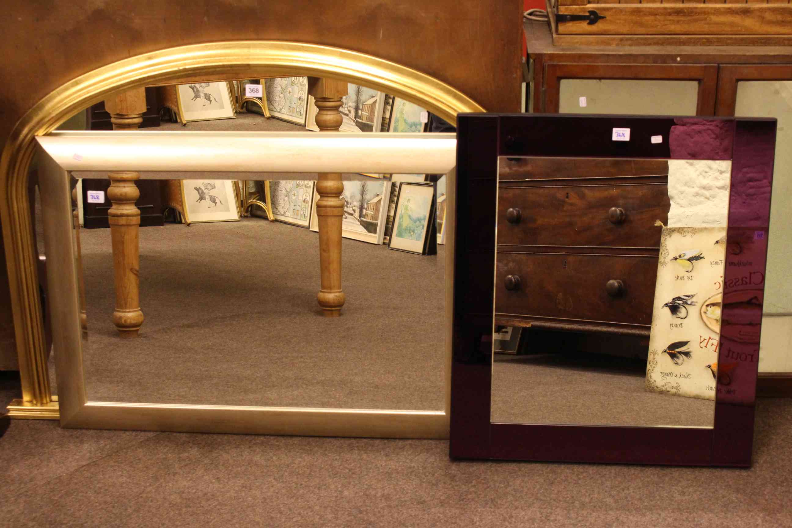 Gilt framed overmantel mirror and two contemporary wall mirrors (3).