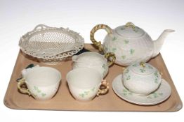 Belleek tea for two set, table bell and lattice work basket.