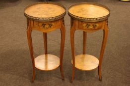 Pair circular Continental inlaid two tier lamp tables, 71cm by 35cm diameter.