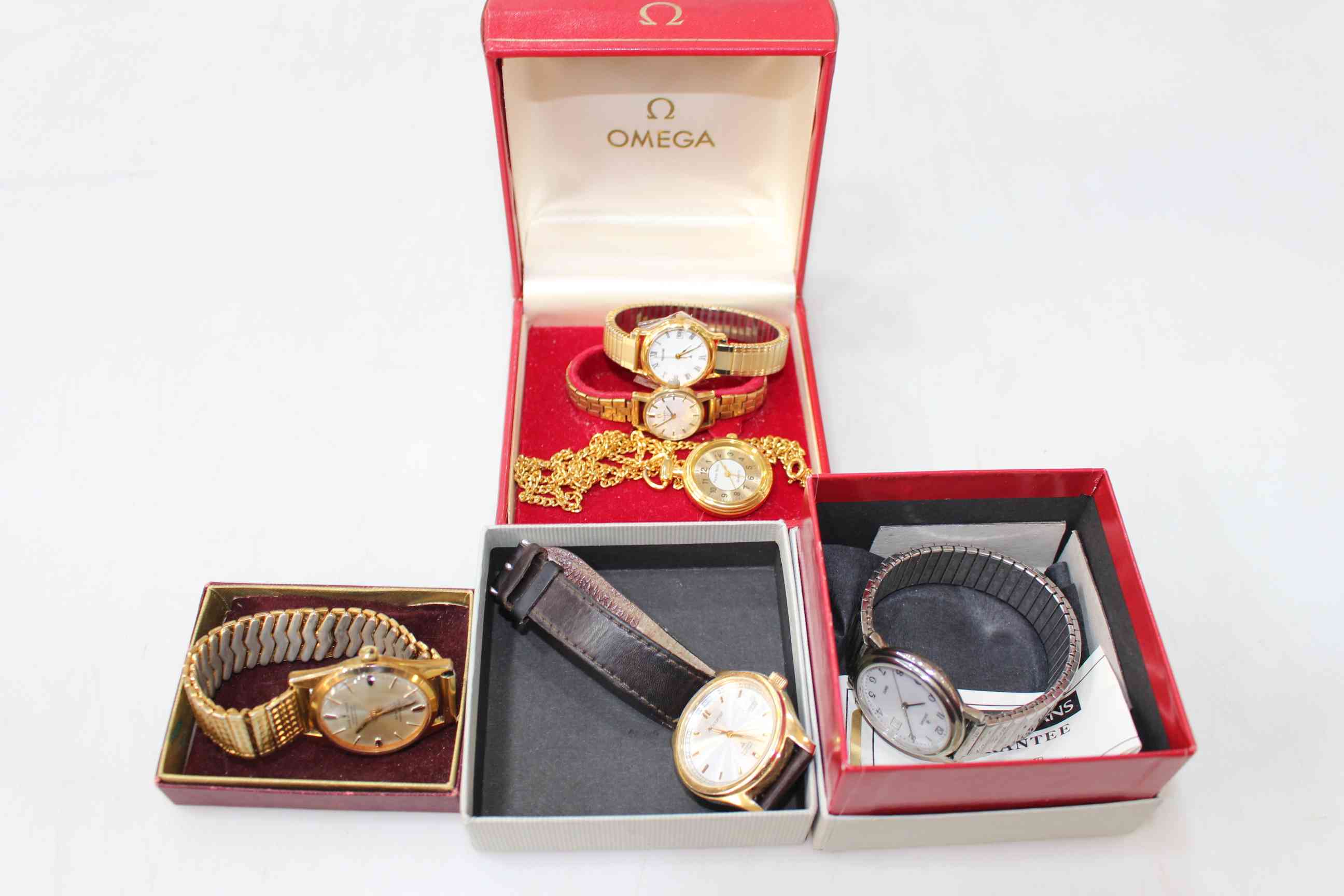 Collection of six watches including Gents Accurist, Junghans, boxed ladies Omega, etc.