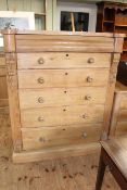 Waxed pine scotch chest of six long drawers on plinth base, 143cm by 119cm by 55cm.