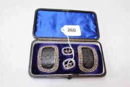 Antique buckles in case and pair of early gents shoes by Rundall, Piccadilly, London.