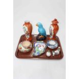 Tray lot with mostly Oriental items including enamelled vanity mirror, scent bottles, vases, bird,