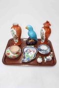Tray lot with mostly Oriental items including enamelled vanity mirror, scent bottles, vases, bird,