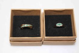 Two emerald and diamond 9 carat gold rings, sizes K and N/O.