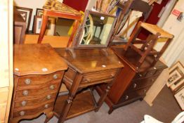 Neat walnut four drawer serpentine front chest, oak canted corner hall table,