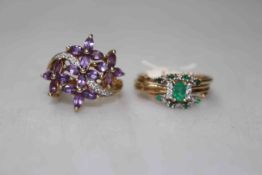 9 carat gold amethyst ring, size P, and three small gold gem set rings.