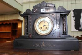 Victorian slate and marble mantel clock with gilt metal and enamel dial.