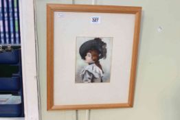 Lady in a Feathered Hat, unsigned oil on board, 15cm by 11.5cm, in glazed frame.