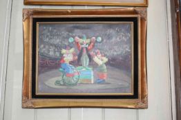 Pierret, Performing Clowns, oil on canvas, signed lower right, 29cm by 39cm, in gilt frame.